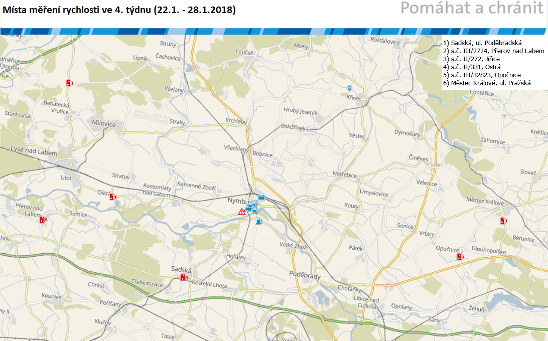 Mapa míst měření rychlosti na 4. týden